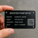Black Anodised Aluminium Equipment ID & QR Tags for Booster Pump - Image 2